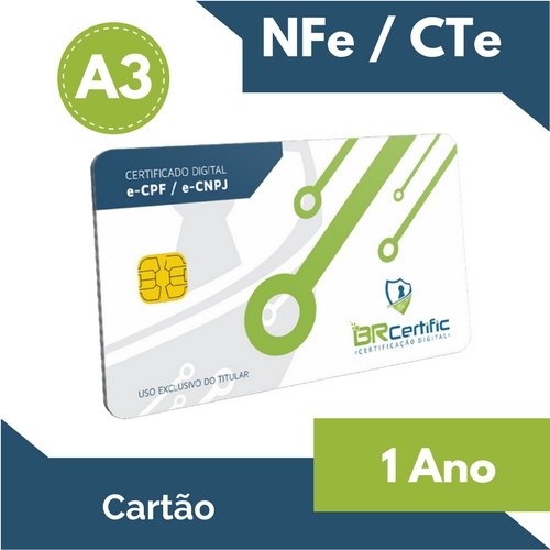 CERTIFICADO DIGITAL NFe/CTe A3 1 ANO + CARTÃO